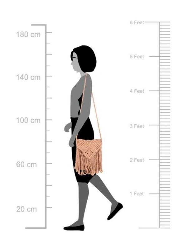 ASTRID Brown  Macrame Sling Bag With Flapover Fringes  - Free Size, Pink, Macrame, Pack of1